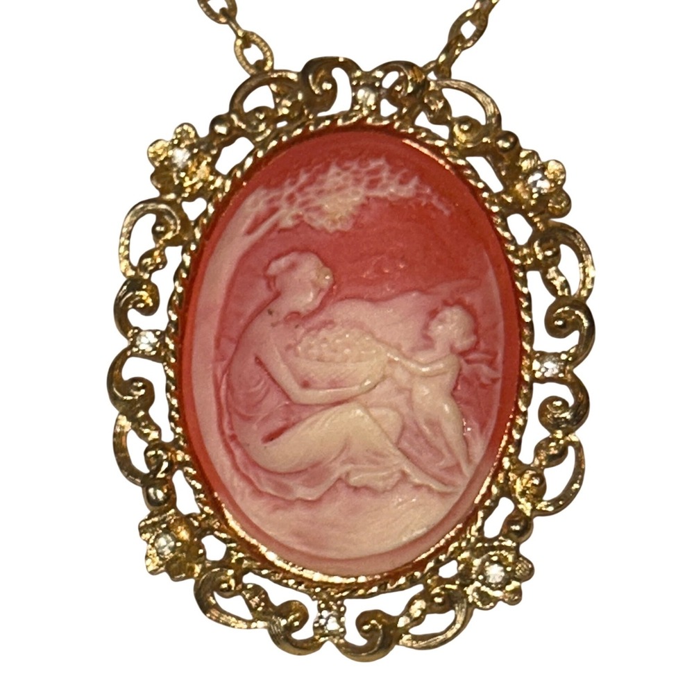 Vintage Gold Tone Cameo Mother Child Pendant Necklace Brooch Pin Pink Filigree